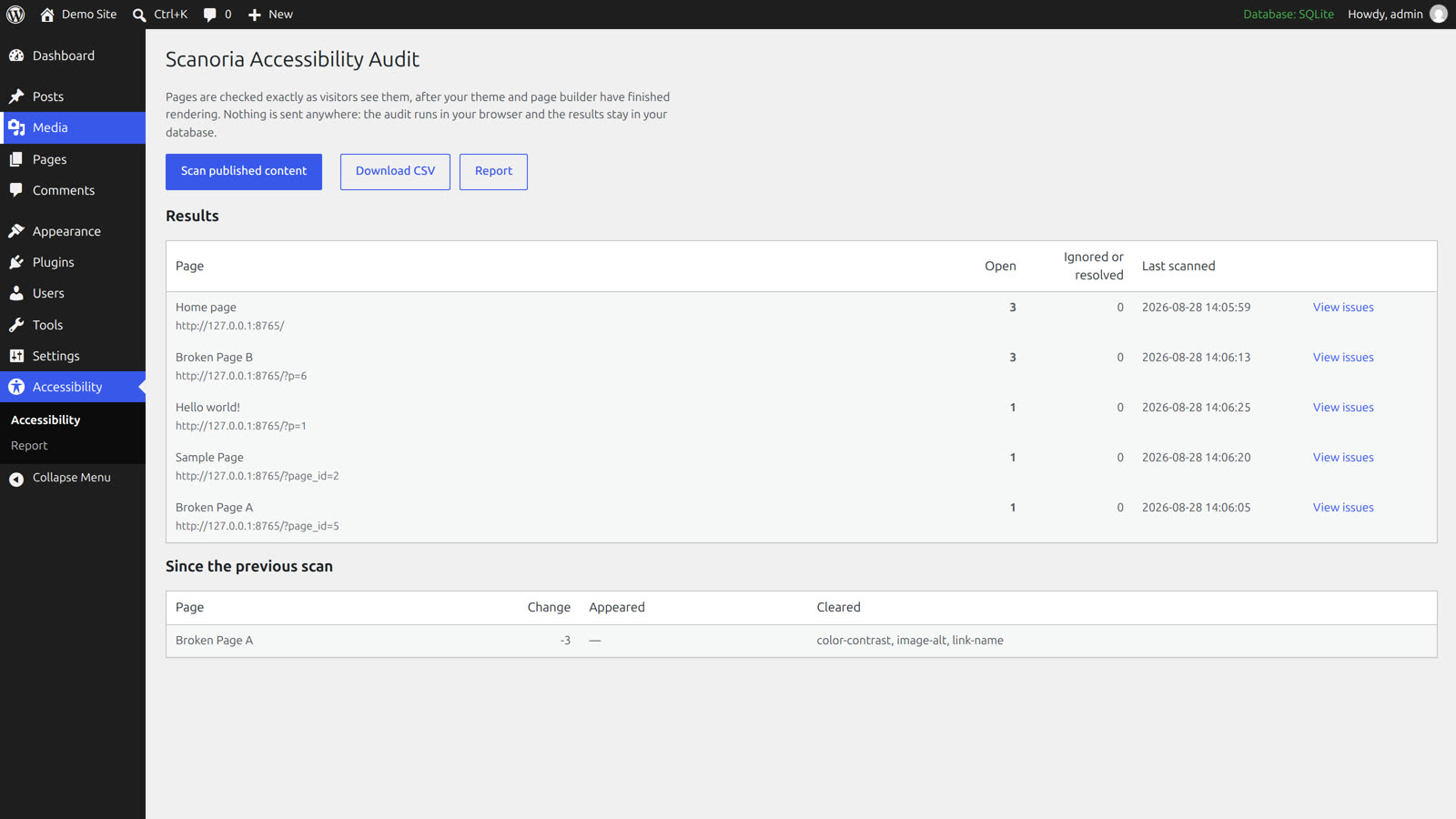 The audit screen with Download CSV and Report buttons, the results table, and a Since the previous scan table showing a page whose three issues cleared.